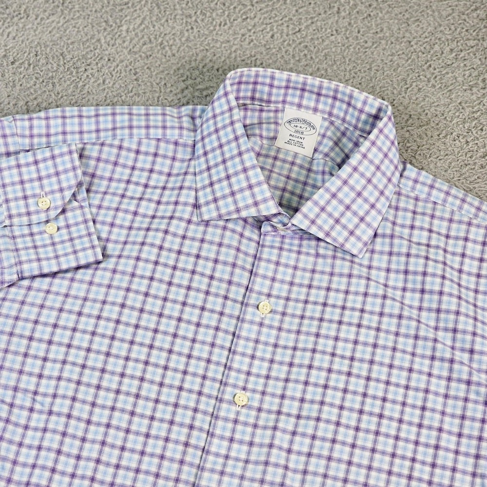 Brooks Brothers Shirt Mens 18 Purple Plaid Non Iron Cotton Dress Long Sleeve